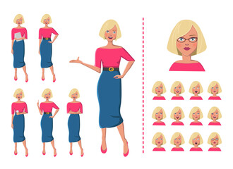 Obraz premium Young woman with blonde hair in pink blouse and long skirt. Different gestures isolated vector illustration with twelve facial expressions.