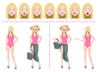 European Beach Girl Character Creation Set. Woman in Swimming Suit. Beach Accessories; Hat, Bag, Transparent Pareoe, Slippers, Sunglasses.  Different Emotions, Gestures. Cartoon Style.