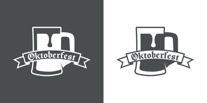 Pinta de cerveza. Logotipo jarra de cerveza vintage con espuma en list&oacute;n con texto Oktoberfest en fondo gris y fondo blanco