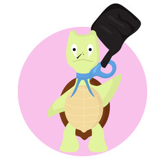 illustration of a turtle wrapped in plastic trash and a nose stuck in a nail