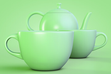Green ceramic tea set. Teapot and two mugs.