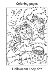 Coloring Halloween cute little girl with cat