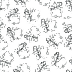 Realistic cartoon Christmas greeting cards with candy canes, stars and snowflakes seamless pattern template. Vector illustration in black and white for games, background, pattern, decor. Coloring book