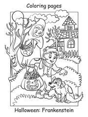 Coloring Halloween cute children in costumes and dog