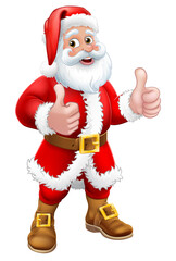 Santa Claus Christmas cartoon character standing giving a double thumbs up.