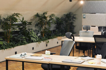 Background image of modern open space office decorated with plants, focus on workplace with wooden...