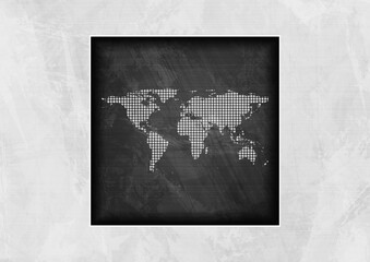 Black and white contrast grunge minimal textural background with dotted world map. Abstract vector design