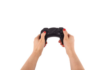 hand holding joystick on white background © saliyeri