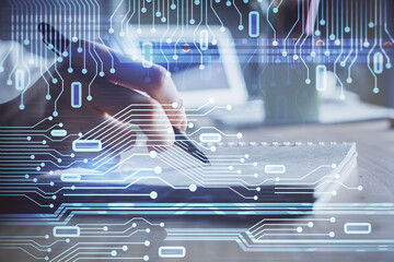 Multi exposure of woman's hands on background with technology and digital coding icons. Data development concept.