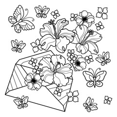 Coloring antistress page for adults 
and children. Envelope with flowers - hibiscus, anemones, butterflies.