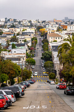 Nice view of the beautiful street near Dolores park in San Fran during summer season . One of the beautiful street locate in the heart of San Francisco , California , United Staes of America