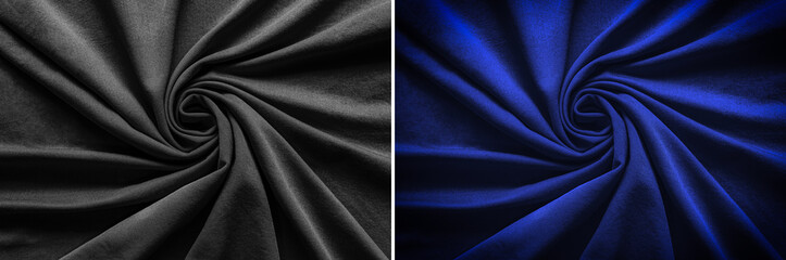 Top view of circular spiral fabric, black and blue cotton fabric, blue and black cloth background,...