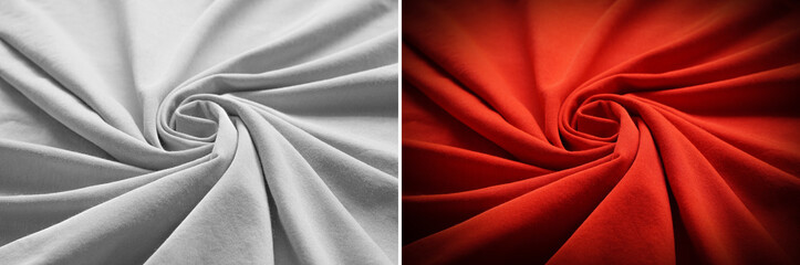 Top view of circular spiral fabric, Gray and red cotton fabric, Red and gray cloth background,...