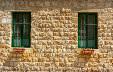 Fototapeta na wymiar facade of a traditional stone house with green windows in Lebanon