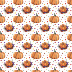 Watercolor composition pumpkin pattern and walpaper for the autumn season, romantic and vintage.