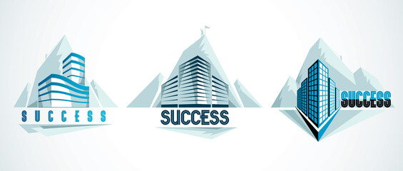 Obraz premium Rock climber as a concept of reaching goal of success behind of modern architecture business office building. Career concept. Vector illustrations set. Real estate realty center, futuristic facade.