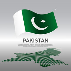 Pakistan wavy flag and mosaic map on light background. Creative background for the national pakistani poster. Vector tricolor design. Business booklet. State pakistani patriotic banner, flyer