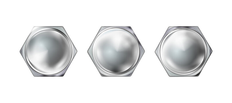 Set gllossy polished metal realistic bolt head, screw cap. Twisted in surface isolated on white background. Macro chrome top view of wide a hat shiny metalwares. Vector illustration.