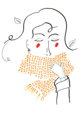 minimalist picture for cosy warm autumn mood, a woman in an orange scarf