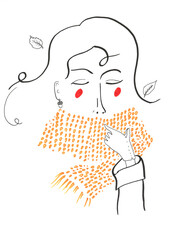 minimalist picture for cosy warm autumn mood, a woman in an orange scarf