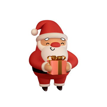 Joyful Santa Claus with gift in his hands. Realistic 3d character compatible doodle emoji elements on face. Isolated on white background for Xmas festive design. Vector illustration