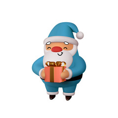 Happy Santa Claus with gift in his hands. Realistic 3d character compatible doodle emoji elements on face. Isolated on white background for Xmas festive design. Vector illustration