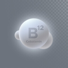 Vitamin B12 or cobalamin icon isolated on transparent background. Vector 3d illustration. Dietary supplement. Medical or pharmacy concept. Infographic element with B12 sign