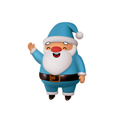 Joyful Santa Claus in blue clothes greets and waves his hand. Realistic 3d character compatible doodle emoji elements on face. Isolated on white background for Xmas festive design. Vector illustration