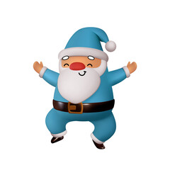 Happy Santa Claus in blue clothes is jumping. Realistic 3d character compatible doodle emoji elements on face. Isolated on white background for Xmas festive design. Vector illustration
