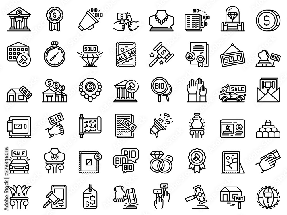 Poster auction icons set. outline set of auction vector icons for web design isolated on white background
