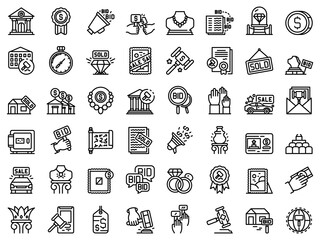 Auction icons set. Outline set of auction vector icons for web design isolated on white background