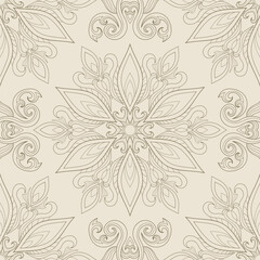 Fototapeta na wymiar Floral brown mandala with vintage elements on light yellow background. Seamless beautiful pattern. Suitable for wrapping, textile.
