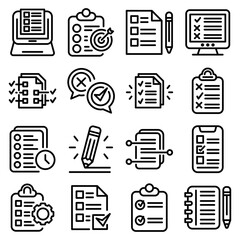 Assignment icons set. Outline set of assignment vector icons for web design isolated on white background