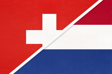 Switzerland and Netherlands, symbol of national flags from textile. Championship between two countries.