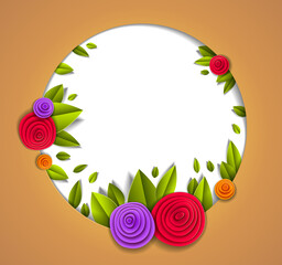 Background with flowers and leaves paper cut style, copy space for text, vector floral illustration. Wedding invitation or romantic greeting card.