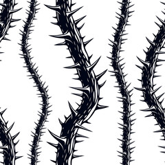 Horror art style seamless pattern, vector background. Blackthorn branches with thorns stylish endless illustration. Hard Rock and Heavy Metal subculture music textile fashion stylish design.