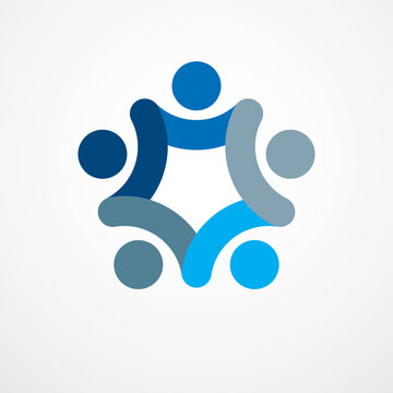 Teamwork businessman unity and cooperation concept created with simple geometric elements as a people crew. Vector icon or logo. Friendship dream team, united crew blue design.