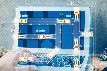 Automobile theme drawing with businessman working on computer on background. Autopilot taxi concept. Double exposure.
