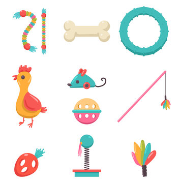 Dog and cat toys vector cartoon set isolated on a white background.