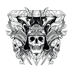 tattoo and t-shirt design black and white hand drawn illustration samurai skull head engraving ornament premium vector