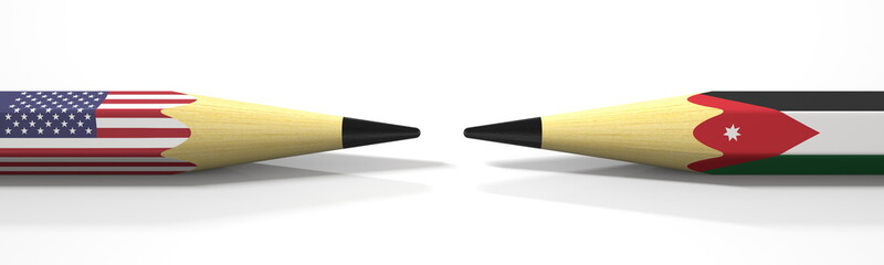 Two pencils with flags of the USA and Jordan, political conflict related 3d rendering