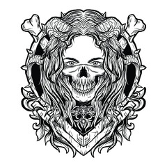tattoo and t-shirt design black and white hand drawn illustration devil women with skull mask engraving ornament premium vector