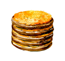 Liver cake. Russian natinal meal. Hand drawn watercolor illustration isolated on white background