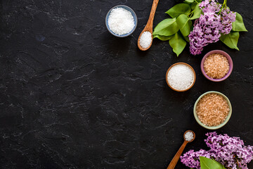 Obraz na płótnie Canvas Set of bath salt - asian spa massage concept, top view