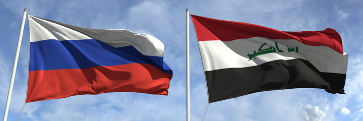Waving flags of Russia and Iraq on flagpoles, 3d rendering