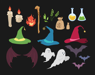 Witch and spooky ghost, halloween items set on witchcraft
