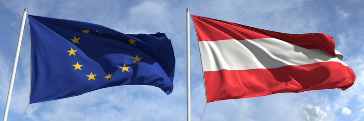 Flying flags of the European Union and Austria on high flagpoles. 3d rendering