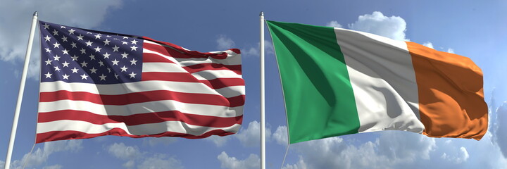 Obraz premium Flying flags of the USA and Ireland on high flagpoles. 3d rendering
