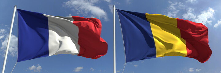 National flags of France and Romania, 3d rendering