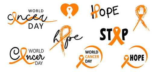 World cancer day or hope Orange ribbon awareness month symbol of leukemia, animal abuse cancer association, multiple sclerosis RSD, hyperactivity ADHD and pain syndrome ribbons World Kidney Day, march